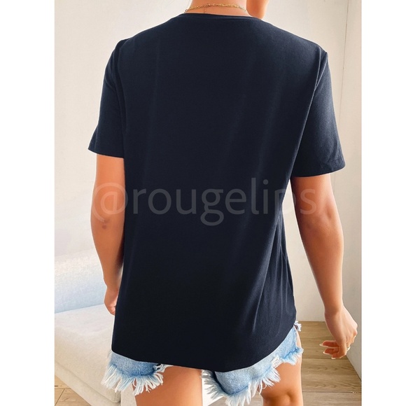 Navy Blue Crew Neck Tee Shirt Embroidered Red Heart - Picture 3 of 8